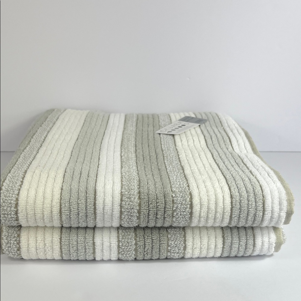 Casaba Bath Towel Set Striped Taupe Tan White Zero Twist Quick Dry 2 Pc NEW